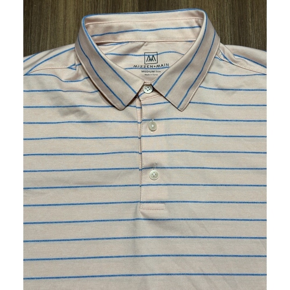 Mizzen Main Versa Polo Shirt Mens Trim Fit Peach Blue Horizontal Strip Sz M